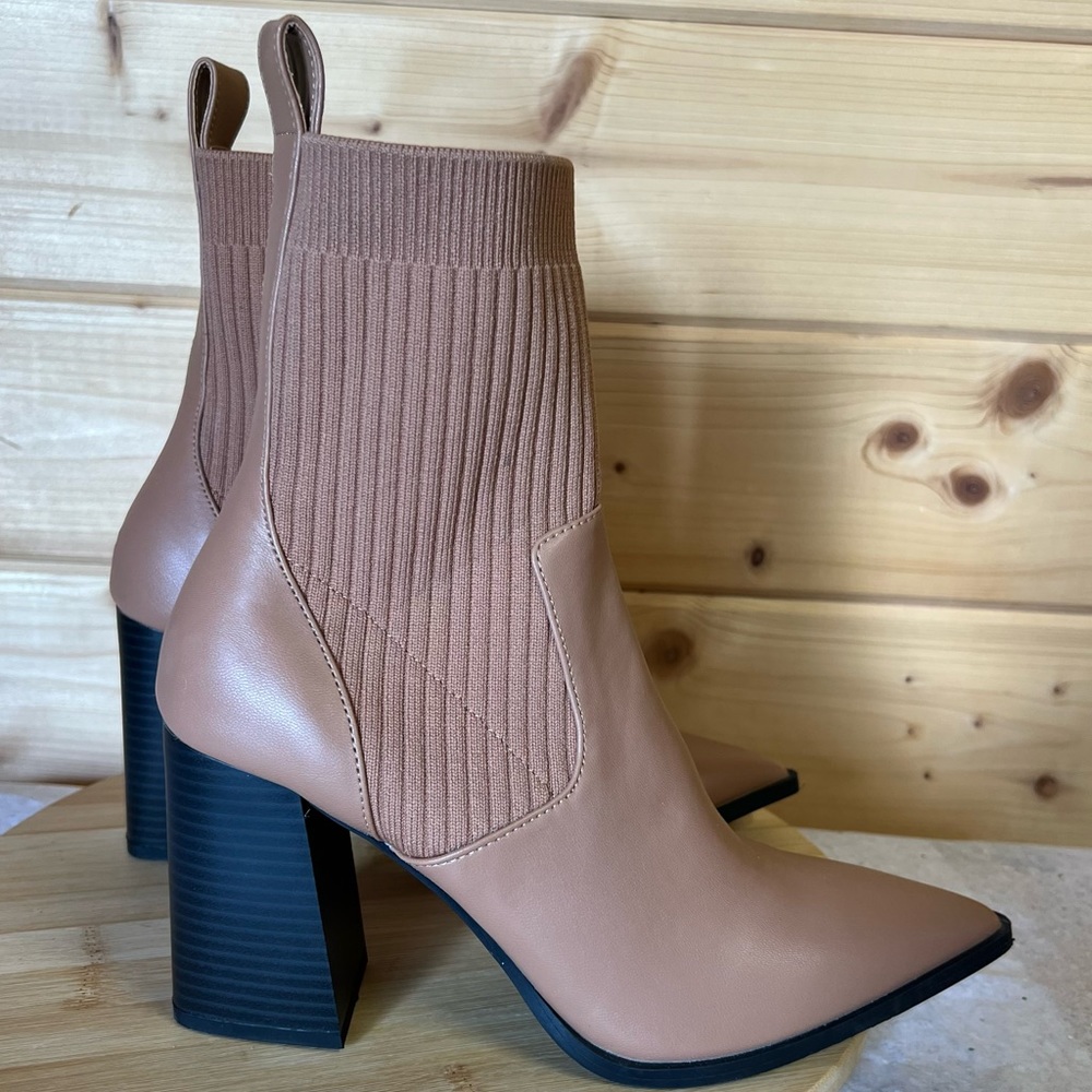 Open edit peachy tan pointy toe chunky heel sock boot bootie size 7